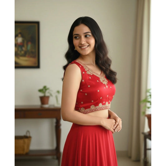 Generic Women's Zimmi Choo Embroidered V-Neck Padded Blouse (Red 38 Ready (Self Alterable 36–40)