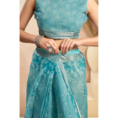Generic Women's Faux_Linen Printed Ready-to-Wear Saree With Unstitched Blouse 5.5 Mtr (Aqua_Blue)
