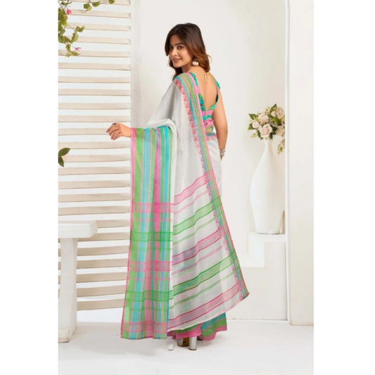 Generic Women's Faux_Linen Printed Ready-to-Wear Saree With Unstitched Blouse 5.5 Mtr (White)