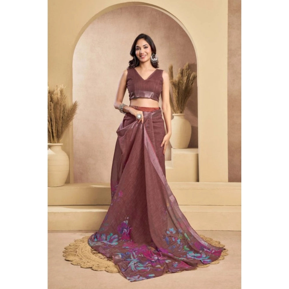 Generic Women's Faux_Linen Printed Ready-to-Wear Saree With Unstitched Blouse 5.5 Mtr (Brown)