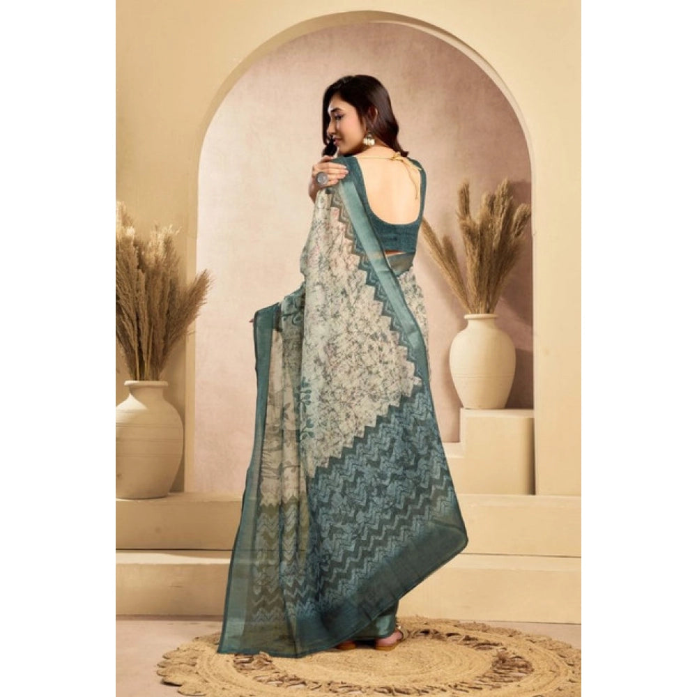 Generic Women's Faux_Linen Printed Ready-to-Wear Saree With Unstitched Blouse 5.5 Mtr (Light_Grey)