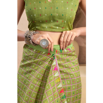 Generic Women's Faux_Linen Printed Ready-to-Wear Saree With Unstitched Blouse 5.5 Mtr (Olive)