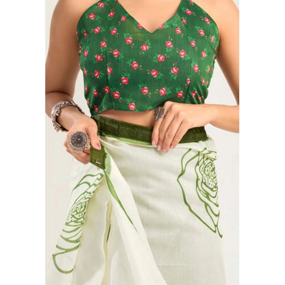 Generic Women's Faux_Linen Printed Ready-to-Wear Saree With Unstitched Blouse 5.5 Mtr (White)