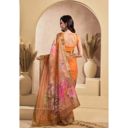 Generic Women's Faux_Linen Printed Ready-to-Wear Saree With Unstitched Blouse 5.5 Mtr (Orange)