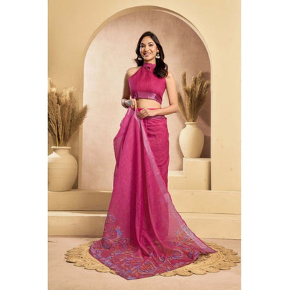 Generic Women's Faux_Linen Printed Ready-to-Wear Saree With Unstitched Blouse 5.5 Mtr (Pink)