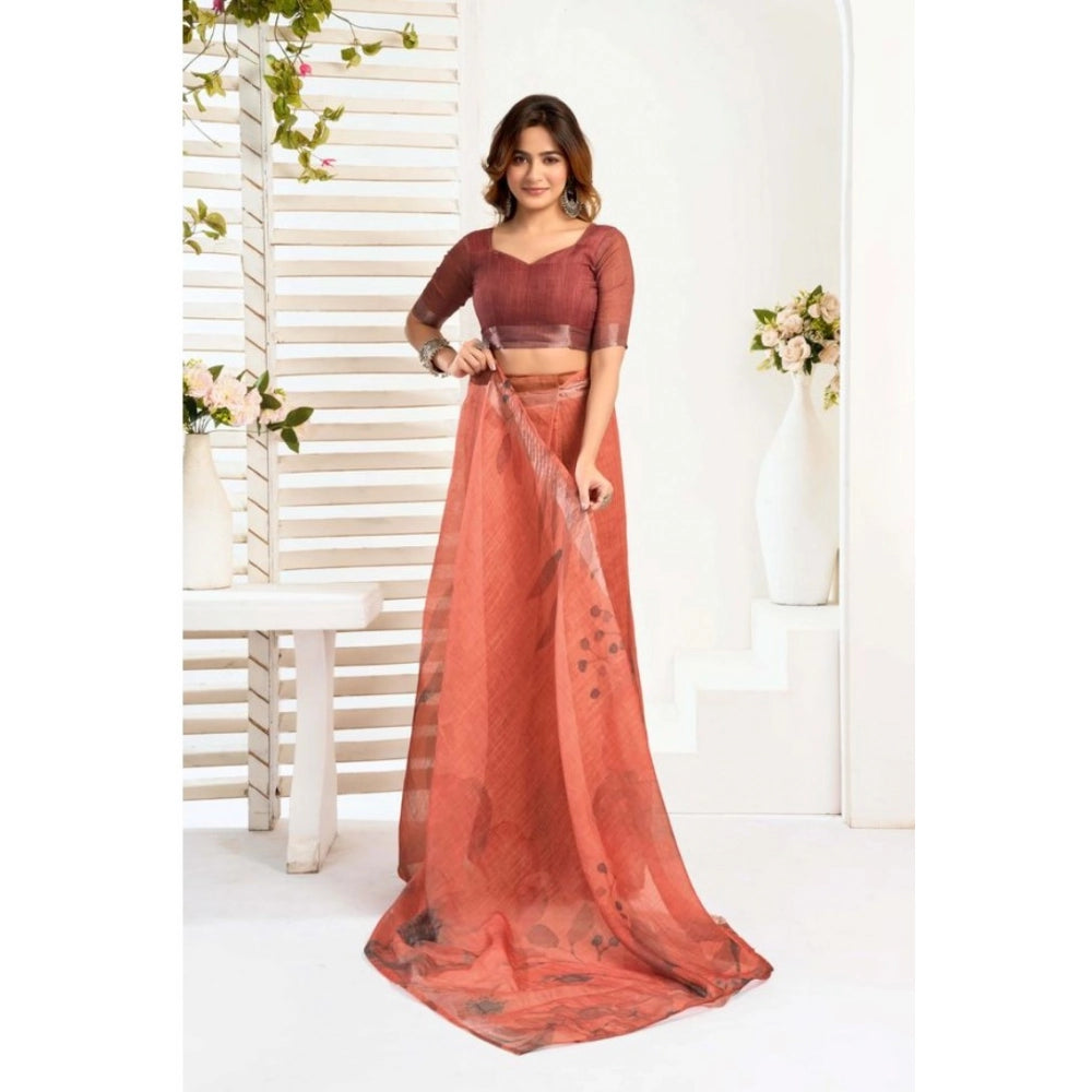 Generic Women's Faux_Linen Printed Ready-to-Wear Saree With Unstitched Blouse 5.5 Mtr (Rust)