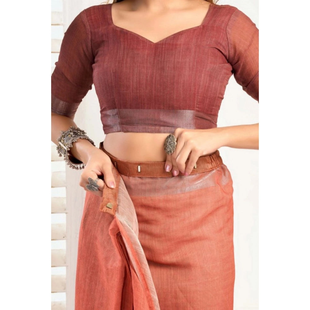 Generic Women's Faux_Linen Printed Ready-to-Wear Saree With Unstitched Blouse 5.5 Mtr (Rust)