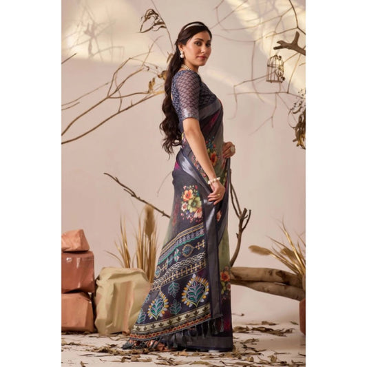Generic Women's Faux_Linen Printed Saree With Unstitched Blouse 5.5Mtr (Navy_Blue)