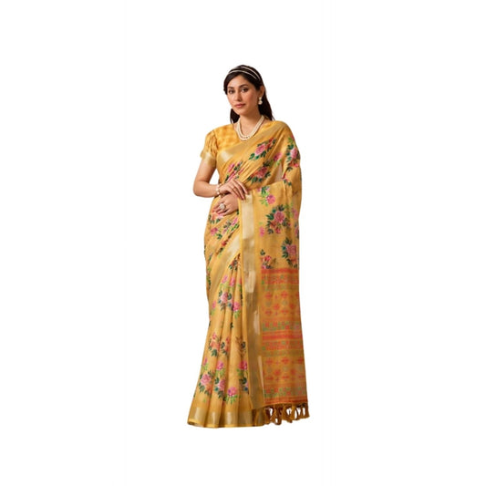 Generic Women's Faux_Linen Printed Saree With Unstitched Blouse 5.5Mtr (Gold)