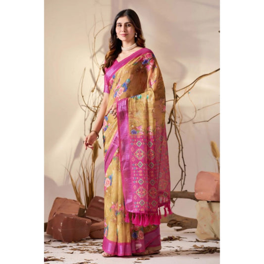 Generic Women's Faux_Linen Printed Saree With Unstitched Blouse 5.5Mtr (Gold)