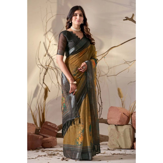 Generic Women's Faux_Linen Printed Saree With Unstitched Blouse 5.5Mtr (Mustard)
