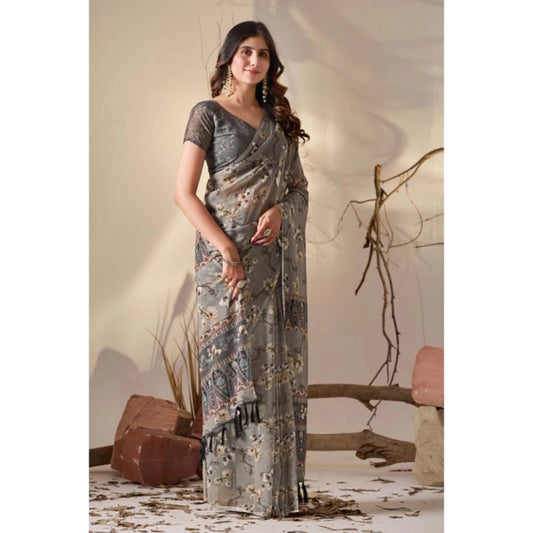 Generic Women's Georgette Printed Saree With Unstitched Blouse 5.5Mtr (Grey)
