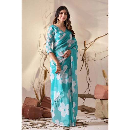 Generic Women's Georgette Printed Saree With Unstitched Blouse 5.5Mtr (Aqua_Blue)