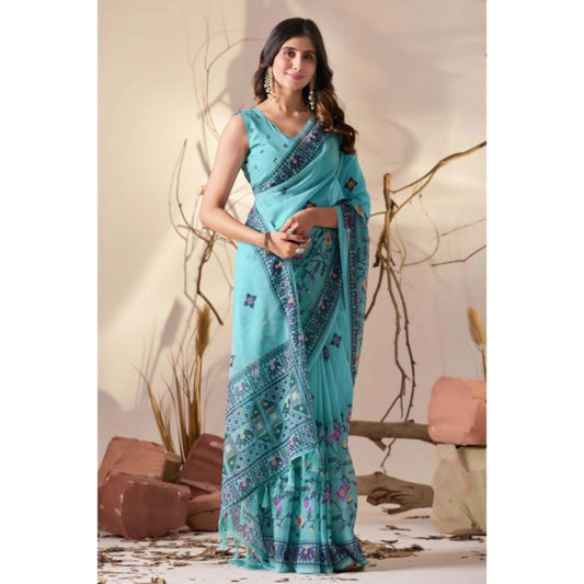 Generic Women's Georgette Printed Saree With Unstitched Blouse 5.5Mtr (Aqua_Blue)