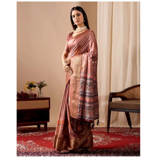 Generic Women's Faux_Silk Printed Saree With Unstitched Blouse 5.5Mtr (Brown)