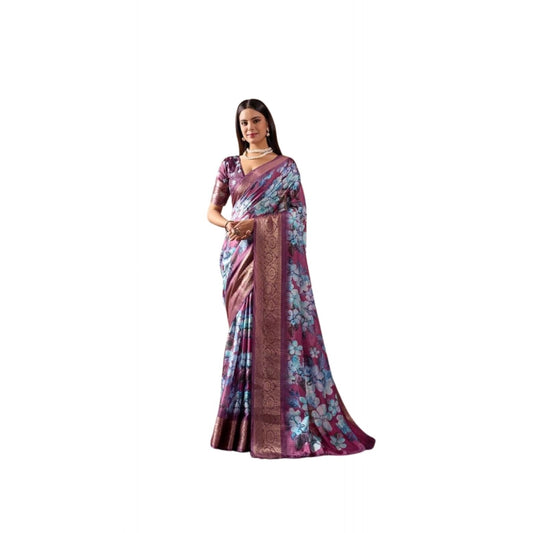 Generic Women's Faux_Silk Printed Saree With Unstitched Blouse 5.5Mtr (Blue)
