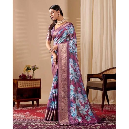 Generic Women's Faux_Silk Printed Saree With Unstitched Blouse 5.5Mtr (Blue)