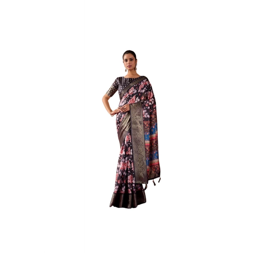 Generic Women's Faux_Silk Printed Saree With Unstitched Blouse 5.5Mtr (Blue)