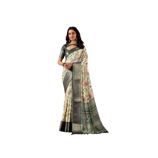 Generic Women's Faux_Silk Printed Saree With Unstitched Blouse 5.5Mtr (Off_White)