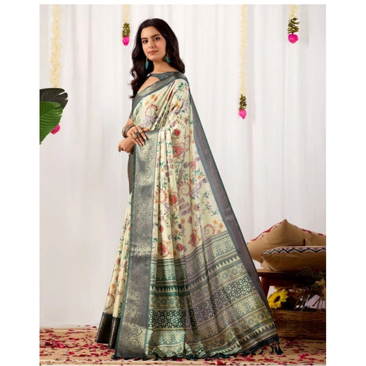 Generic Women's Faux_Silk Printed Saree With Unstitched Blouse 5.5Mtr (Off_White)
