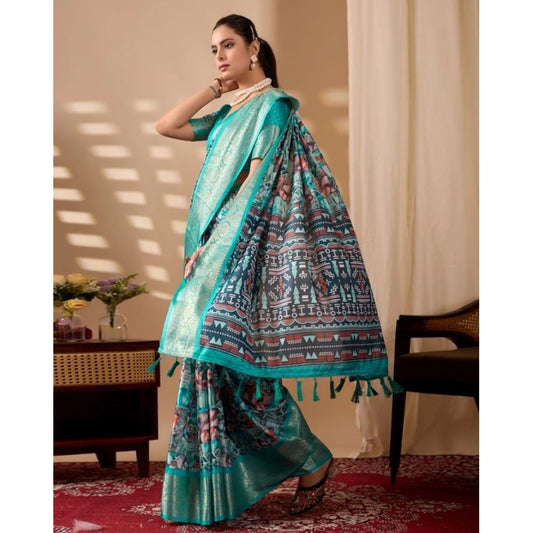Generic Women's Faux_Silk Printed Saree With Unstitched Blouse 5.5Mtr (Turquoise)
