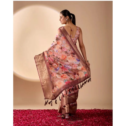 Generic Women's Faux_Silk Printed Saree With Unstitched Blouse 5.5Mtr (Peach)