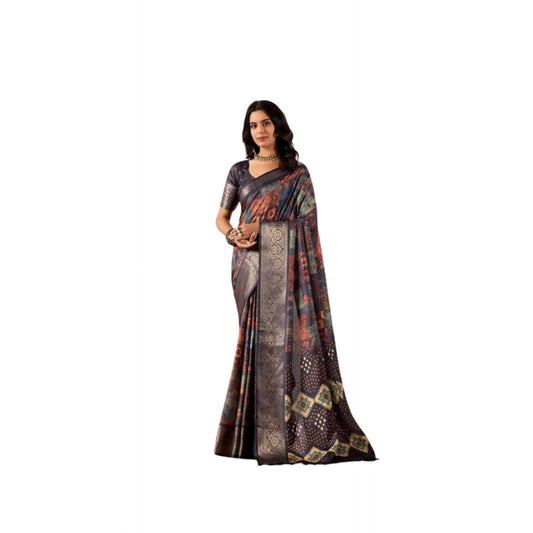 Generic Women's Faux_Silk Printed Saree With Unstitched Blouse 5.5Mtr (Navy_Blue)
