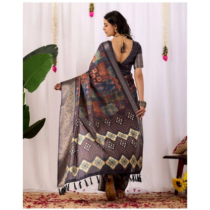 Generic Women's Faux_Silk Printed Saree With Unstitched Blouse 5.5Mtr (Navy_Blue)