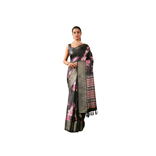 Generic Women's Faux_Silk Printed Saree With Unstitched Blouse 5.5Mtr (Black)