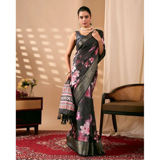 Generic Women's Faux_Silk Printed Saree With Unstitched Blouse 5.5Mtr (Black)
