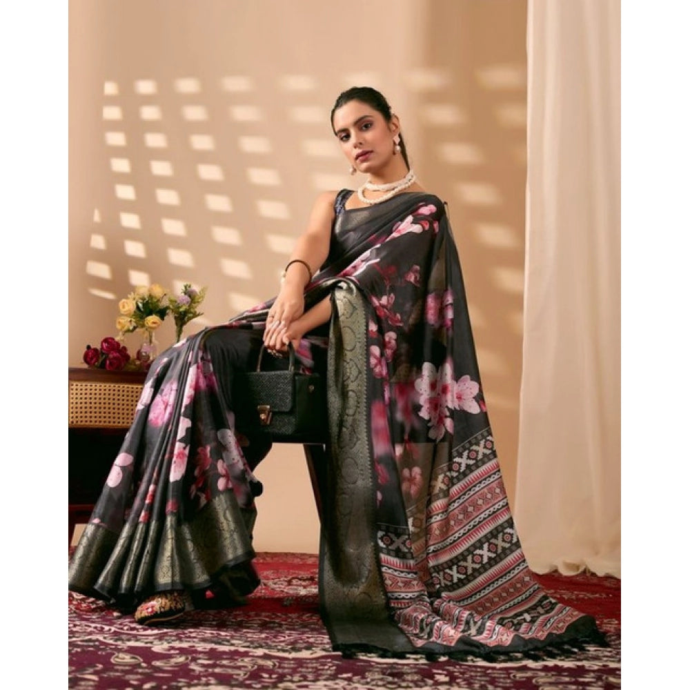 Generic Women's Faux_Silk Printed Saree With Unstitched Blouse 5.5Mtr (Black)