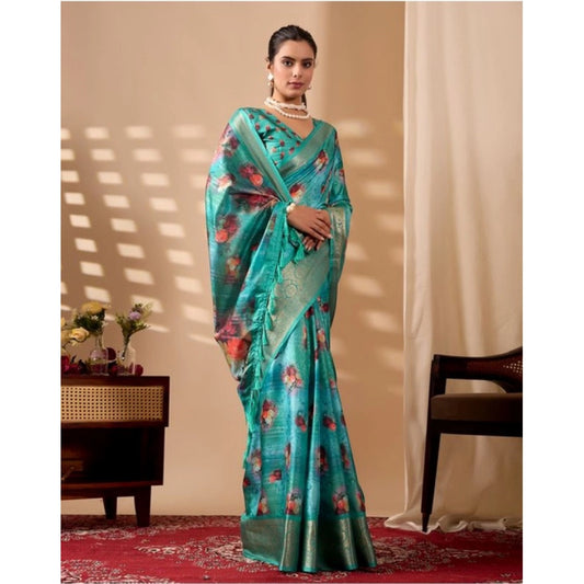 Generic Women's Faux_Silk Printed Saree With Unstitched Blouse 5.5Mtr (Aqua_Blue)