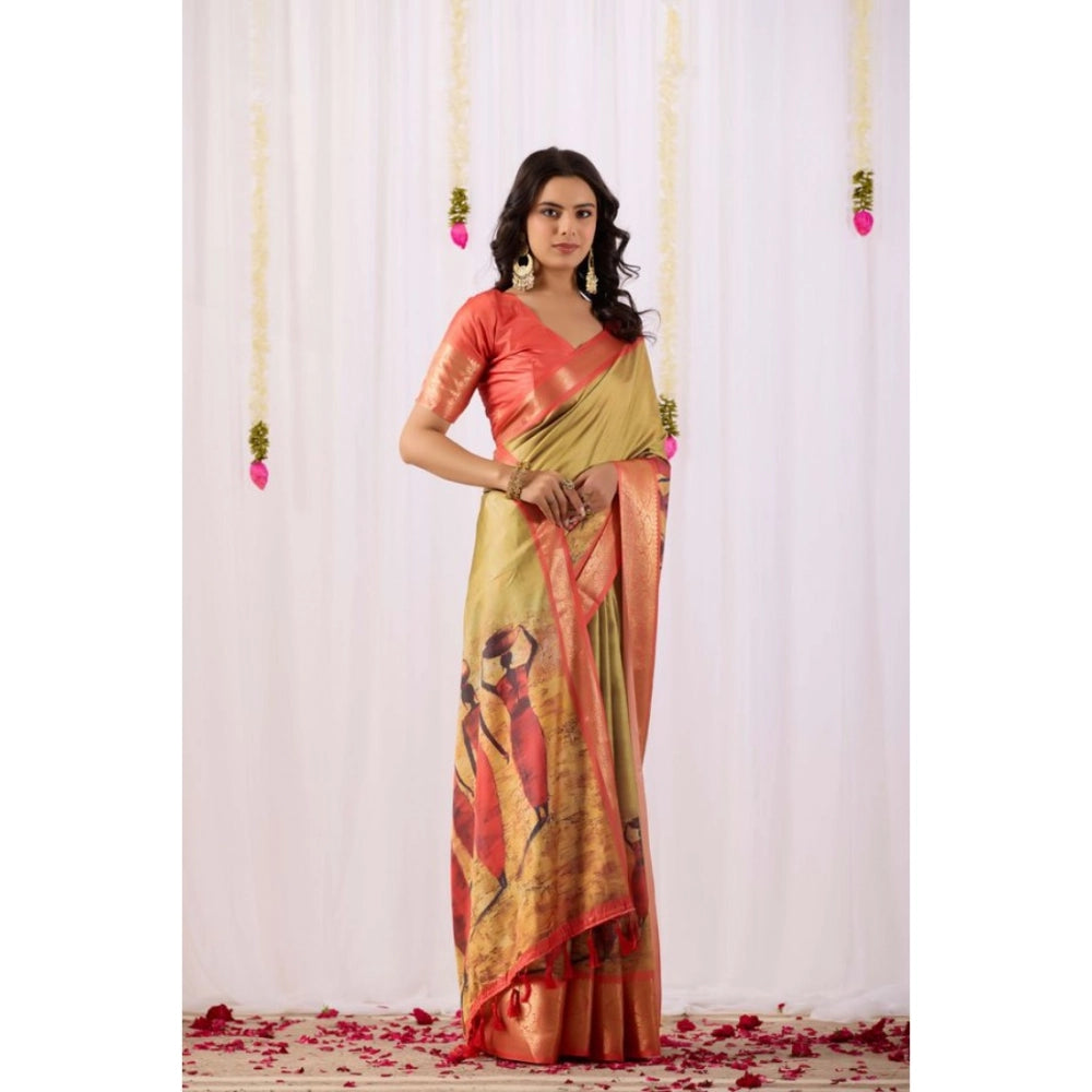 Generic Women's Faux_Silk Printed Saree With Unstitched Blouse 5.5Mtr (Olive)