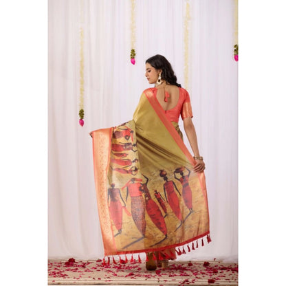 Generic Women's Faux_Silk Printed Saree With Unstitched Blouse 5.5Mtr (Olive)