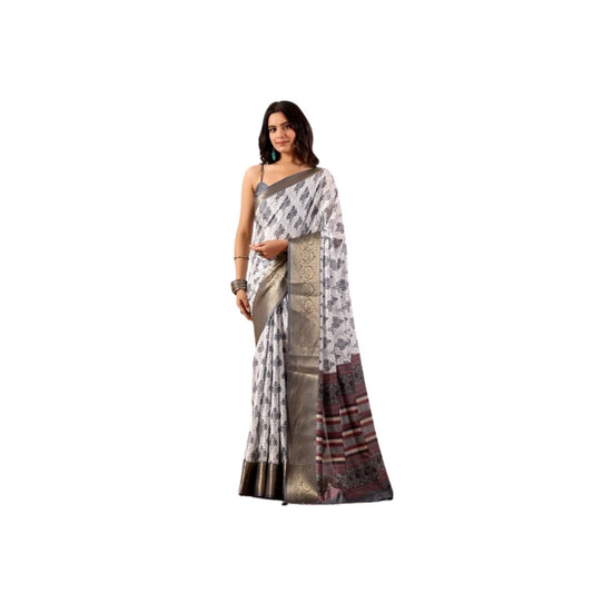 Generic Women's Faux_Silk Printed Saree With Unstitched Blouse 5.5Mtr (White)