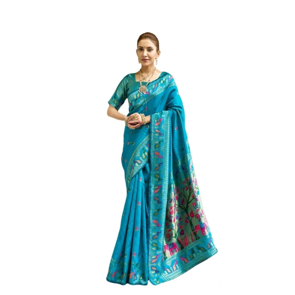Generic Women's Silk Blend Woven Saree With Unstitched Blouse 5.5 Mtr (Turquoise)