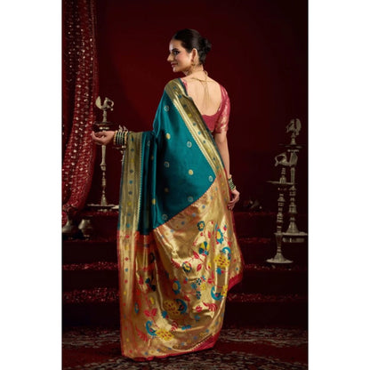 Generic Women's Silk Blend Woven Saree With Unstitched Blouse 5.5 Mtr (Teal)