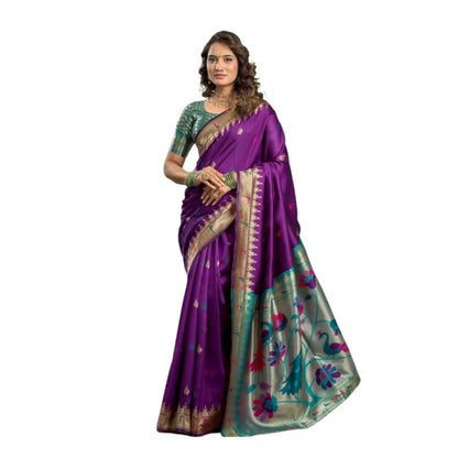 Generic Women's Silk Blend Woven Saree With Unstitched Blouse 5.5 Mtr (Purple)