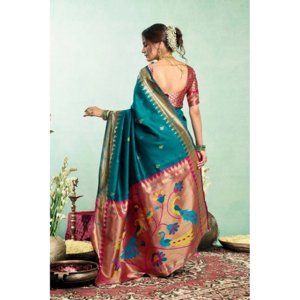 Generic Women's Silk Blend Woven Saree With Unstitched Blouse 5.5 Mtr (Teal)