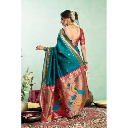 Generic Women's Silk Blend Woven Saree With Unstitched Blouse 5.5 Mtr (Teal)