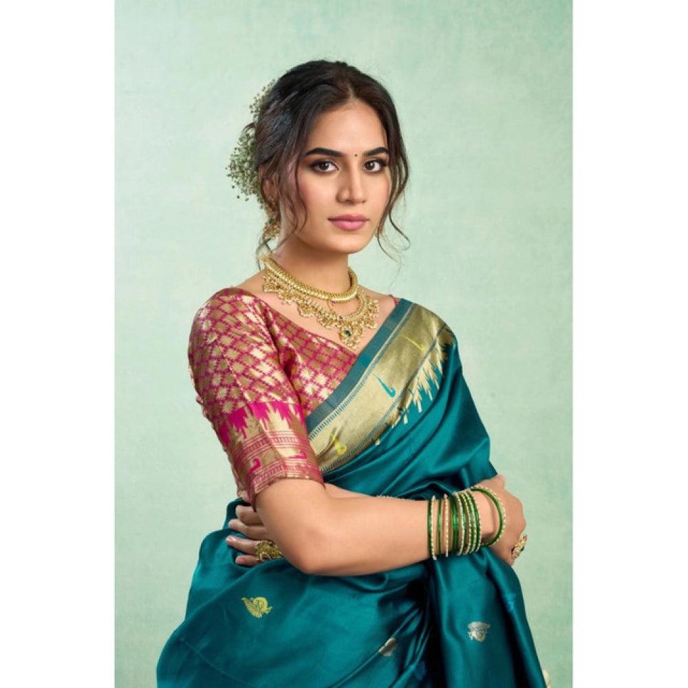 Generic Women's Silk Blend Woven Saree With Unstitched Blouse 5.5 Mtr (Teal)