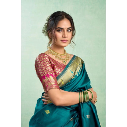 Generic Women's Silk Blend Woven Saree With Unstitched Blouse 5.5 Mtr (Teal)