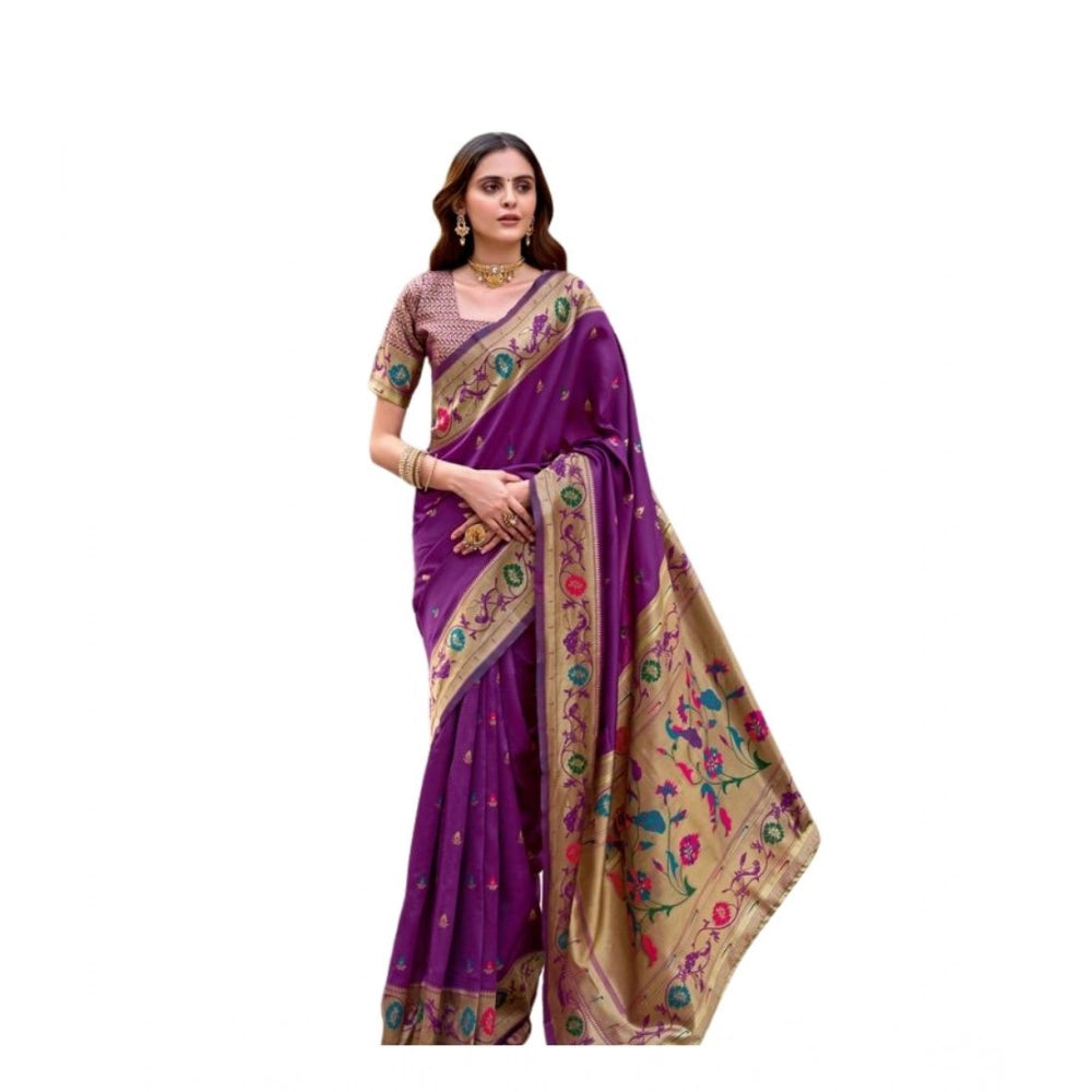 Generic Women's Silk Blend Woven Saree With Unstitched Blouse 5.5 Mtr (Purple)