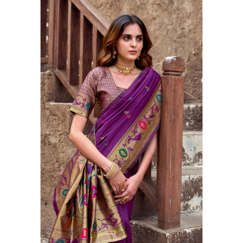 Generic Women's Silk Blend Woven Saree With Unstitched Blouse 5.5 Mtr (Purple)