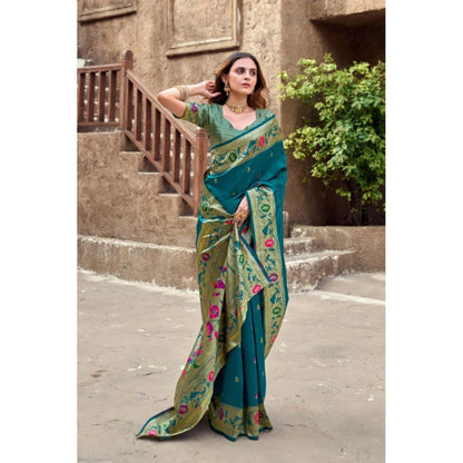 Generic Women's Silk Blend Woven Saree With Unstitched Blouse 5.5 Mtr (Teal)
