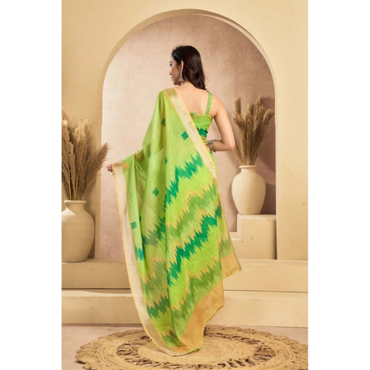 Generic Women's Linen Cotton Printed Ready To Wear Saree With Unstitched Blouse 5.5 Mtr (Lime)