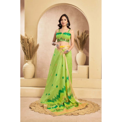 Generic Women's Linen Cotton Printed Ready To Wear Saree With Unstitched Blouse 5.5 Mtr (Lime)