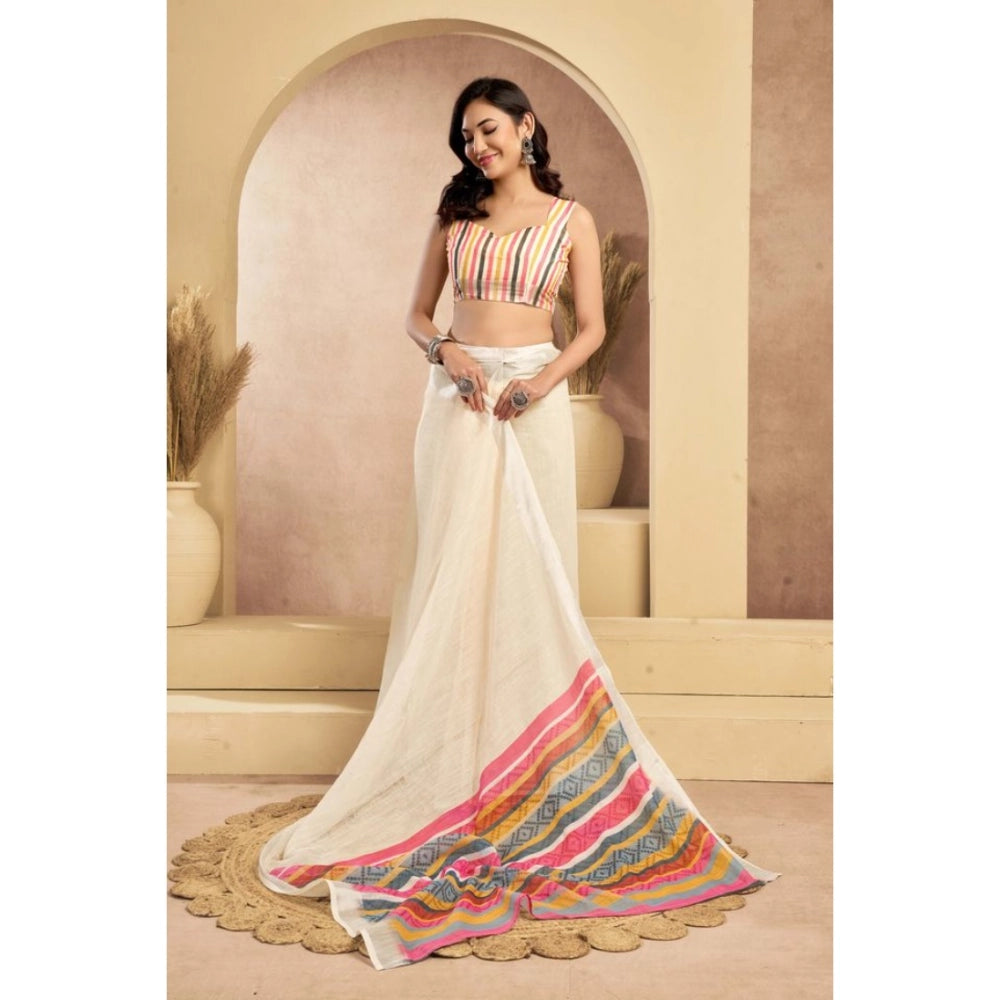 Generic Women's Linen Cotton Printed Ready To Wear Saree With Unstitched Blouse 5.5 Mtr (Beige)