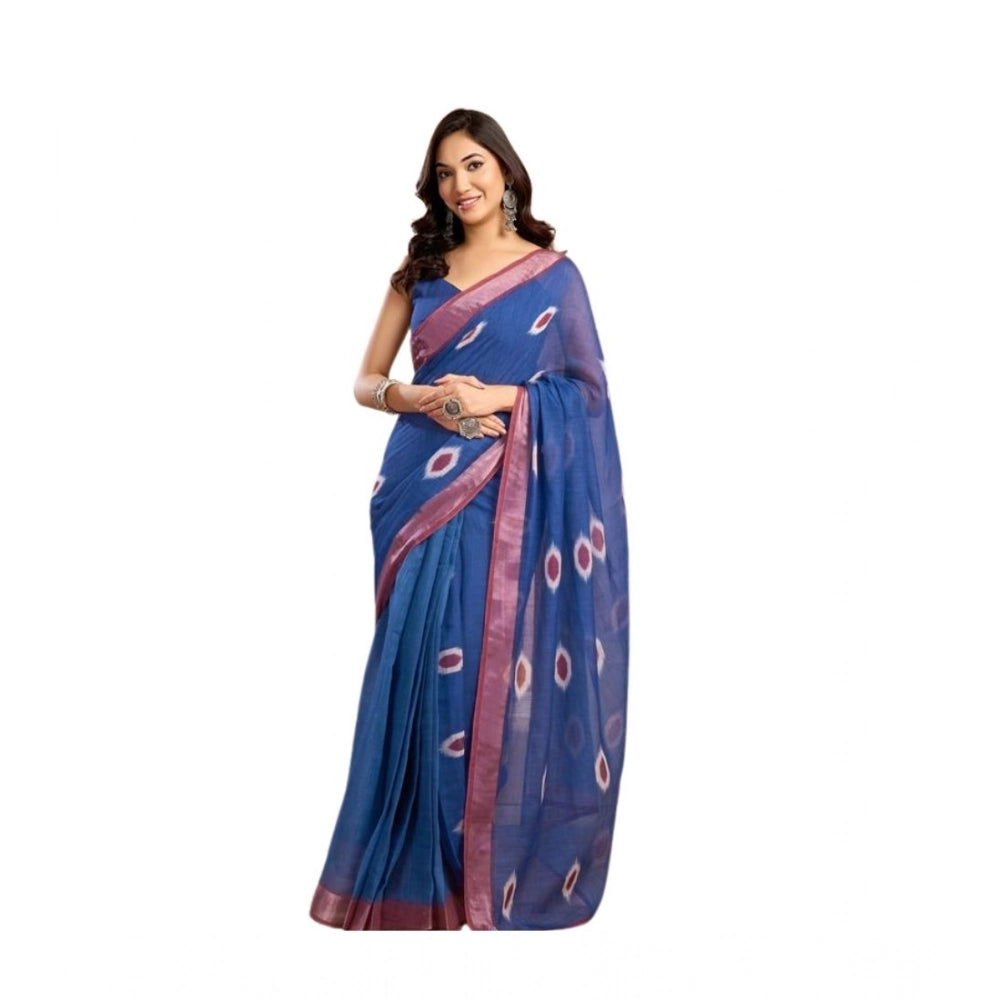 Generic Women's Linen Cotton Printed Ready To Wear Saree With Unstitched Blouse 5.5 Mtr (Blue)