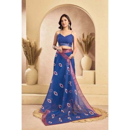 Generic Women's Linen Cotton Printed Ready To Wear Saree With Unstitched Blouse 5.5 Mtr (Blue)